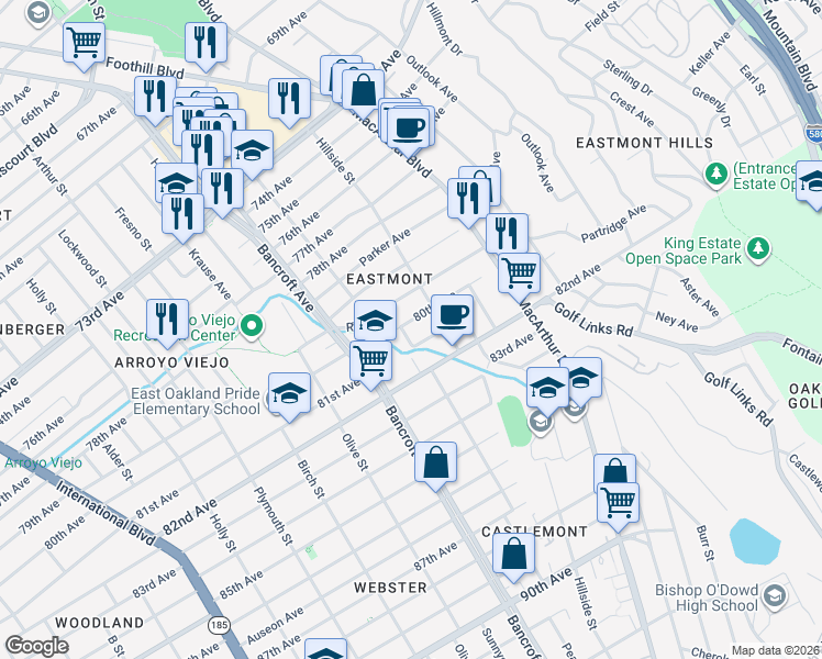map of restaurants, bars, coffee shops, grocery stores, and more near 2342 80th Avenue in Oakland