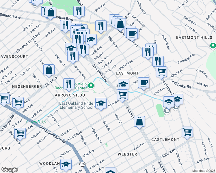 map of restaurants, bars, coffee shops, grocery stores, and more near 7856 Olive Street in Oakland