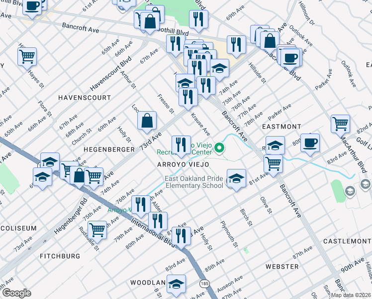 map of restaurants, bars, coffee shops, grocery stores, and more near 7532 Deerwood Avenue in Oakland