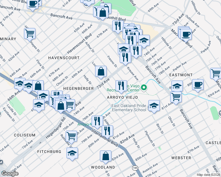 map of restaurants, bars, coffee shops, grocery stores, and more near 7333 Lockwood Street in Oakland