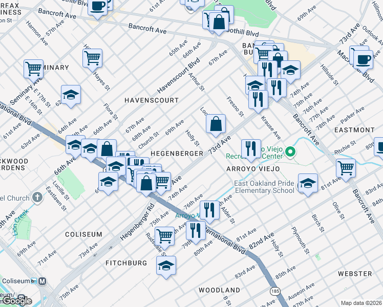 map of restaurants, bars, coffee shops, grocery stores, and more near 7203 Holly Street in Oakland