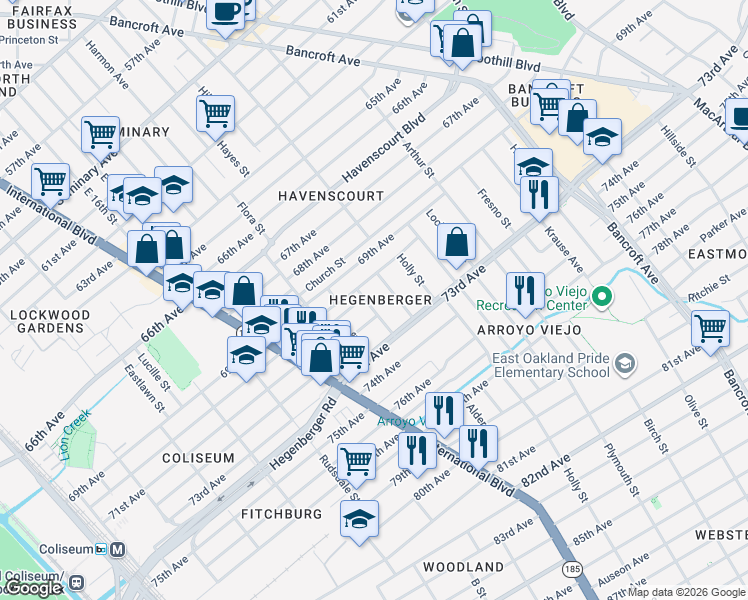 map of restaurants, bars, coffee shops, grocery stores, and more near 7021 Favor Street in Oakland
