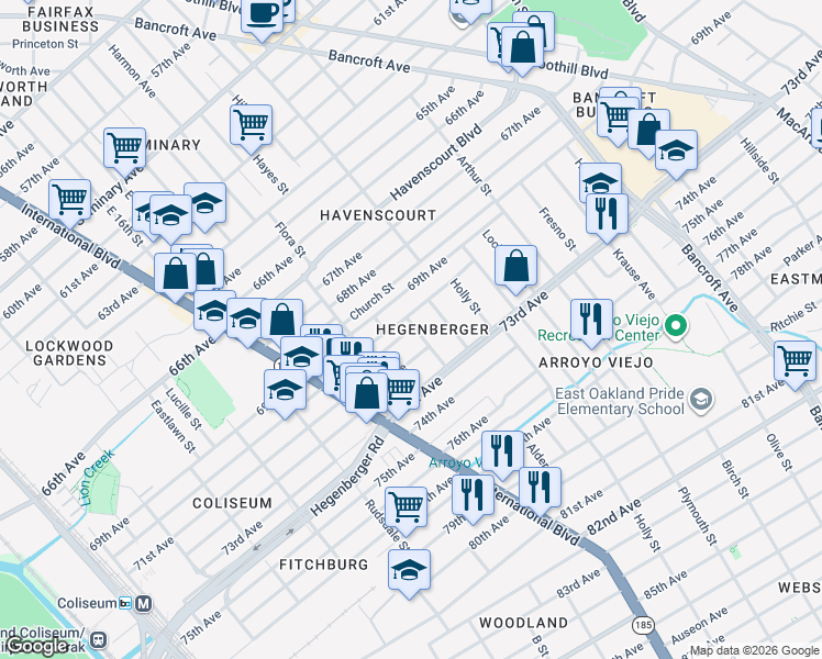 map of restaurants, bars, coffee shops, grocery stores, and more near 7021 Favor Street in Oakland