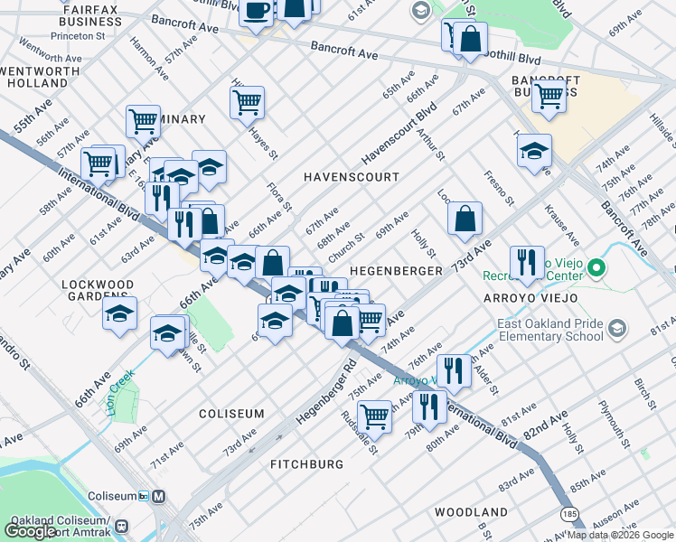 map of restaurants, bars, coffee shops, grocery stores, and more near 1615 Church Street in Oakland