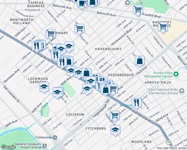 map of restaurants, bars, coffee shops, grocery stores, and more near 1526 67th Avenue in Oakland