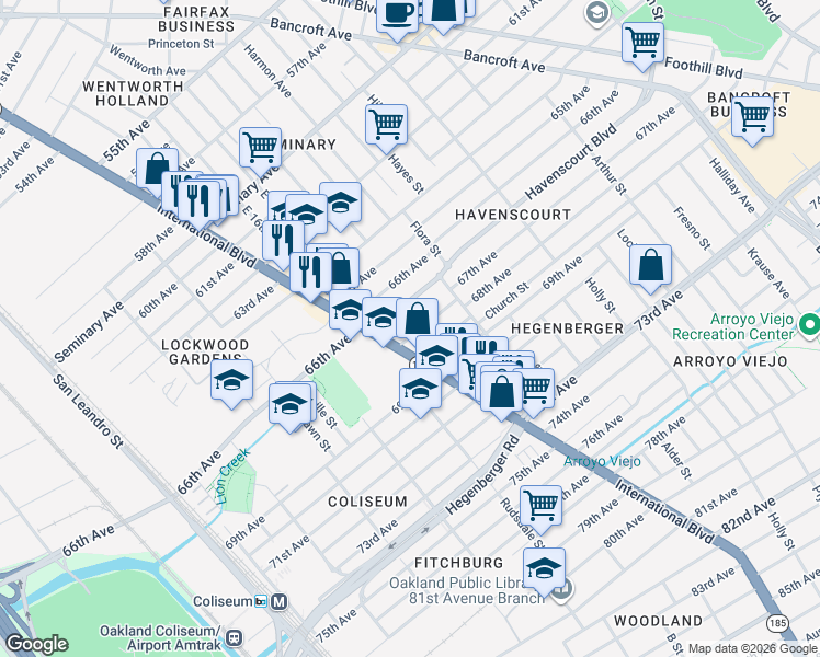 map of restaurants, bars, coffee shops, grocery stores, and more near 1446 Havenscourt Boulevard in Oakland
