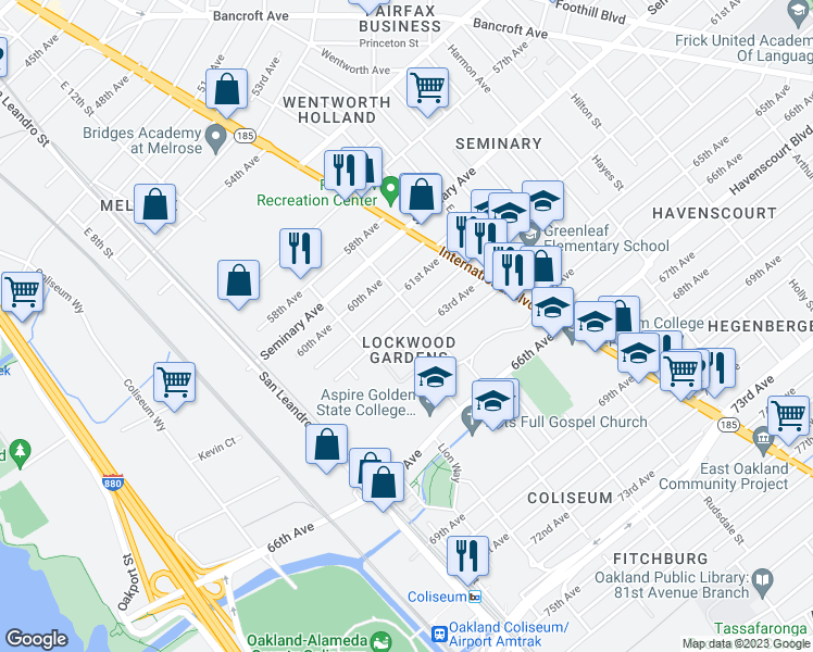 map of restaurants, bars, coffee shops, grocery stores, and more near 1304 62nd Avenue in Oakland