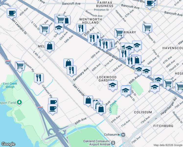 map of restaurants, bars, coffee shops, grocery stores, and more near 1207 60th Avenue in Oakland