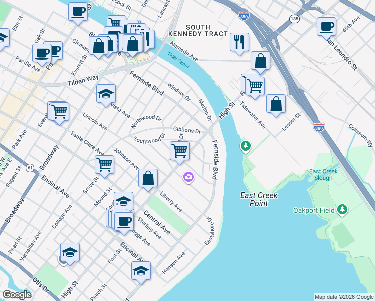 map of restaurants, bars, coffee shops, grocery stores, and more near 3122 Bayo Vista Avenue in Alameda