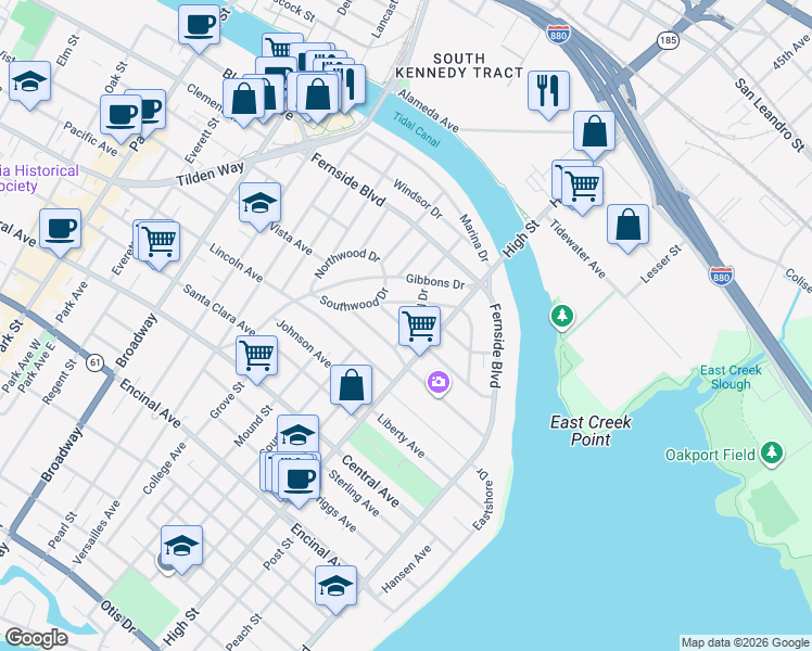 map of restaurants, bars, coffee shops, grocery stores, and more near 1723 Cornell Drive in Alameda