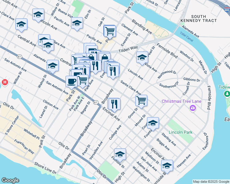 map of restaurants, bars, coffee shops, grocery stores, and more near 1377 Broadway in Alameda