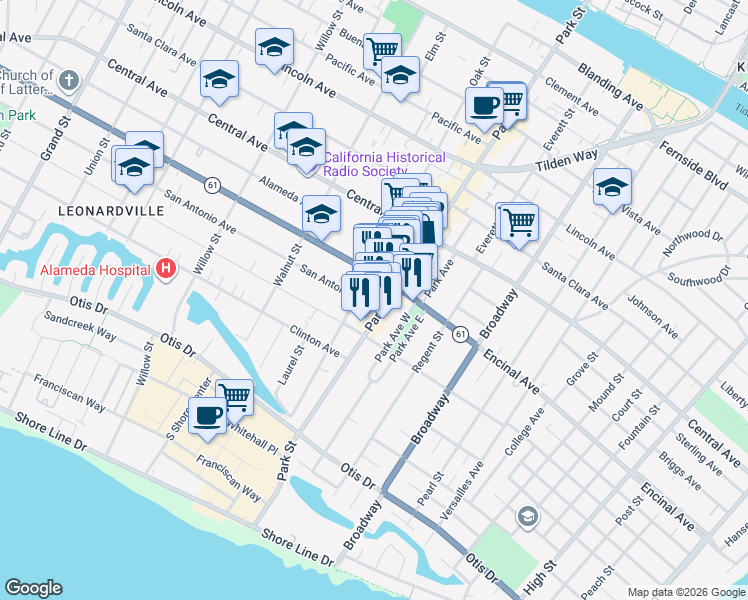 map of restaurants, bars, coffee shops, grocery stores, and more near 1110 Oak Street in Alameda
