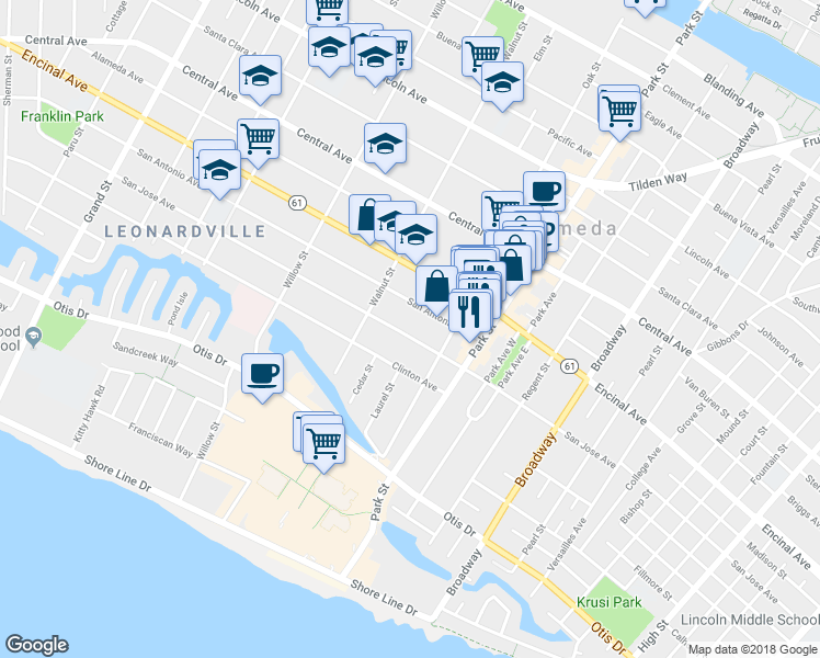 map of restaurants, bars, coffee shops, grocery stores, and more near 2250 San Antonio Avenue in Alameda