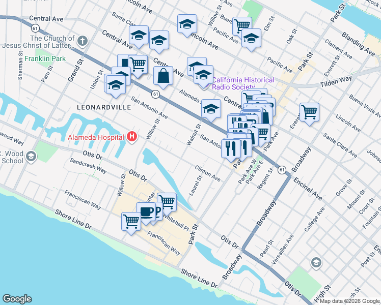 map of restaurants, bars, coffee shops, grocery stores, and more near 2217 San Jose Avenue in Alameda
