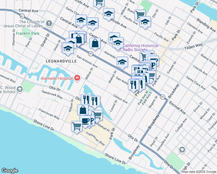 map of restaurants, bars, coffee shops, grocery stores, and more near 2164 San Jose Avenue in Alameda