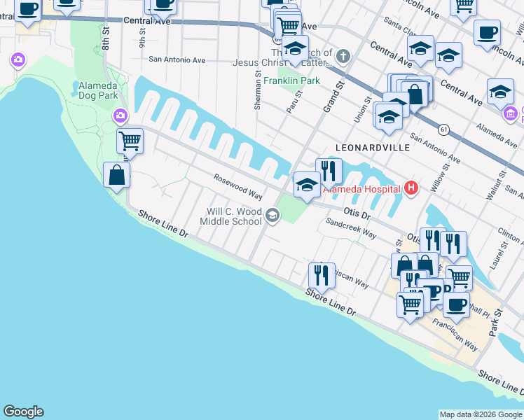 map of restaurants, bars, coffee shops, grocery stores, and more near 1244 Rosewood Way in Alameda