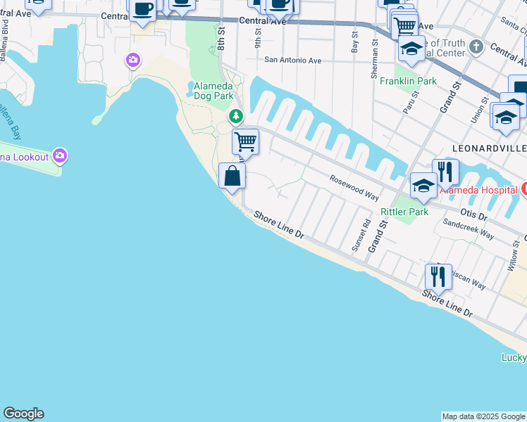 map of restaurants, bars, coffee shops, grocery stores, and more near 300 Westline Drive in Alameda