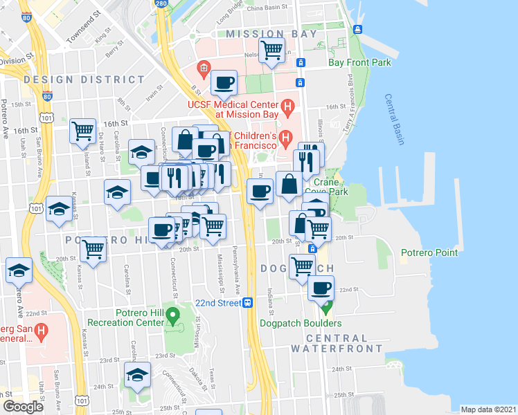 map of restaurants, bars, coffee shops, grocery stores, and more near 600 Indiana Street in San Francisco