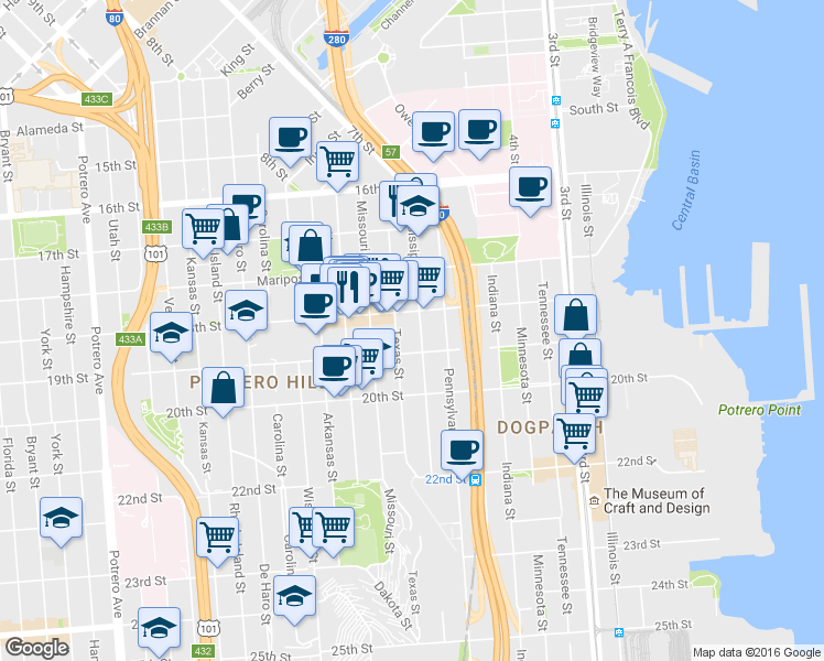 map of restaurants, bars, coffee shops, grocery stores, and more near 301 Texas Street in San Francisco