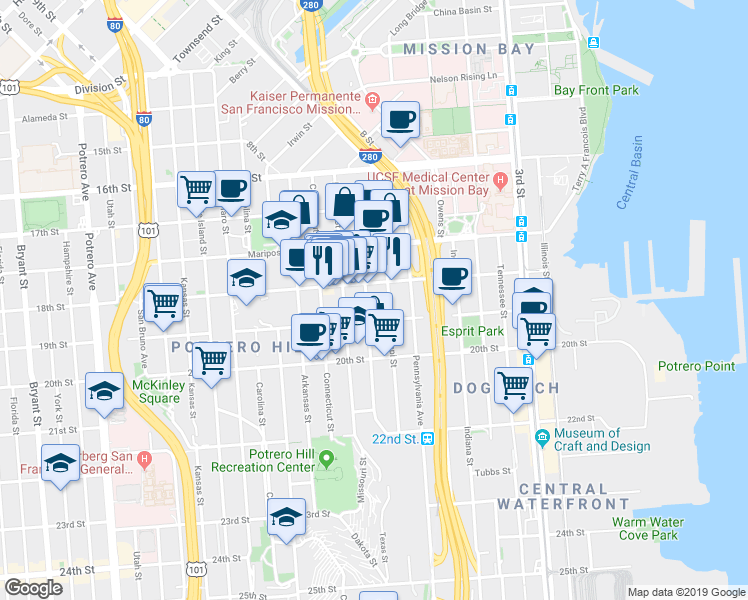 map of restaurants, bars, coffee shops, grocery stores, and more near 311 Texas Street in San Francisco