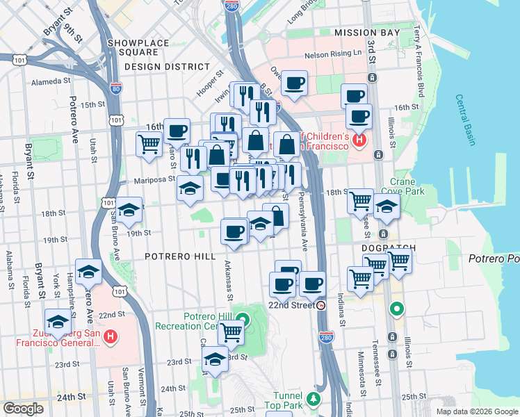 map of restaurants, bars, coffee shops, grocery stores, and more near 301 Texas Street in San Francisco