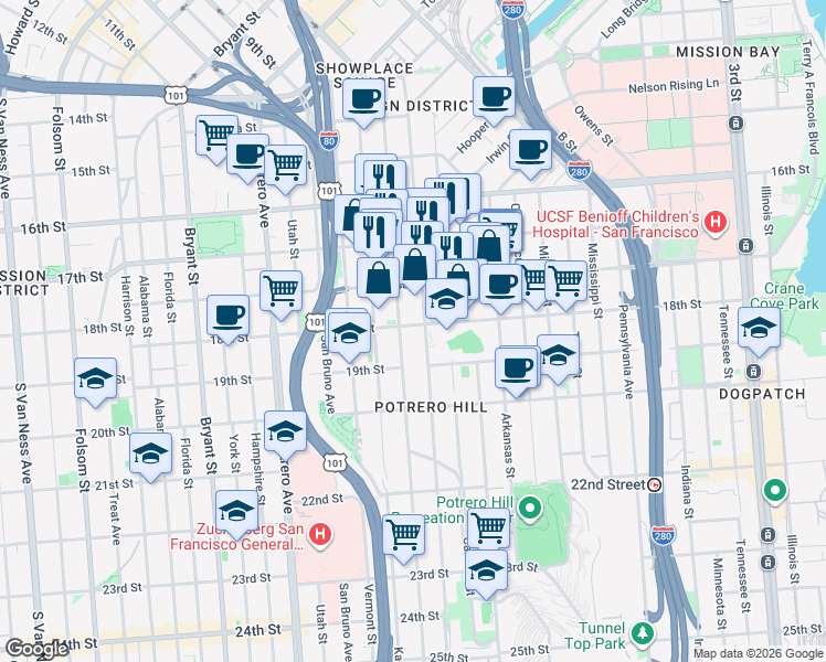 map of restaurants, bars, coffee shops, grocery stores, and more near 1912 18th Street in San Francisco