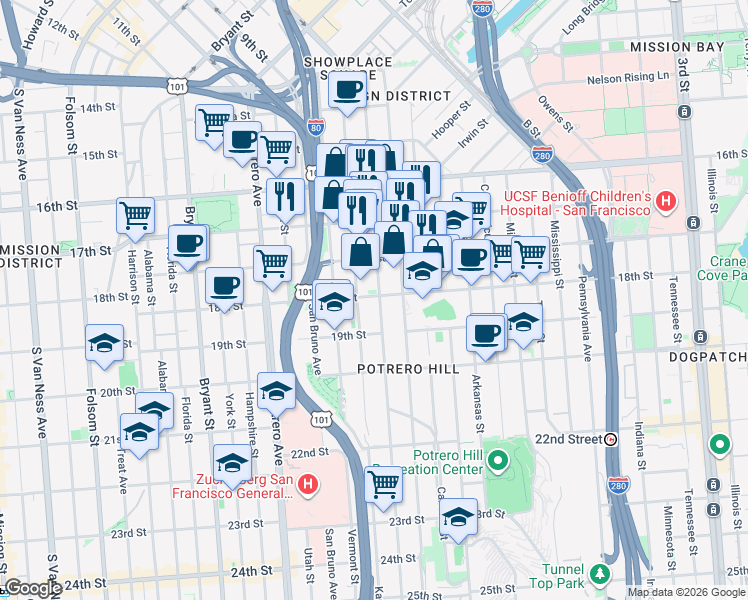 map of restaurants, bars, coffee shops, grocery stores, and more near 575 Kansas Street in San Francisco