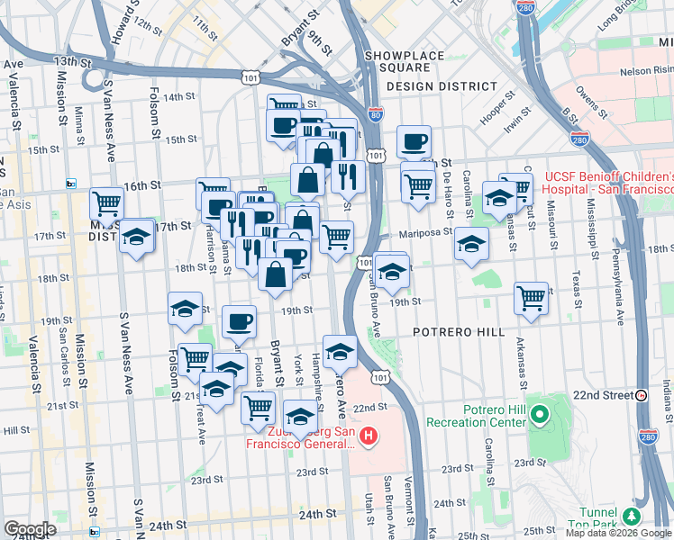 map of restaurants, bars, coffee shops, grocery stores, and more near 500 Potrero Avenue in San Francisco