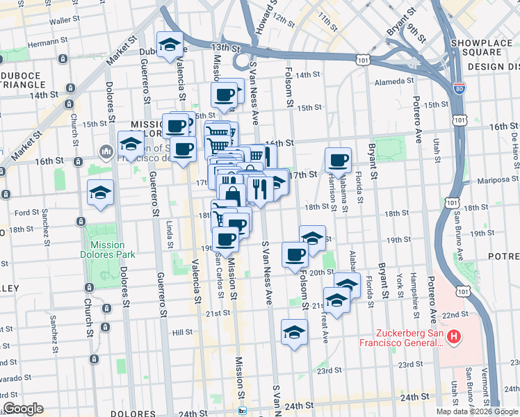 map of restaurants, bars, coffee shops, grocery stores, and more near 255 Capp Street in San Francisco
