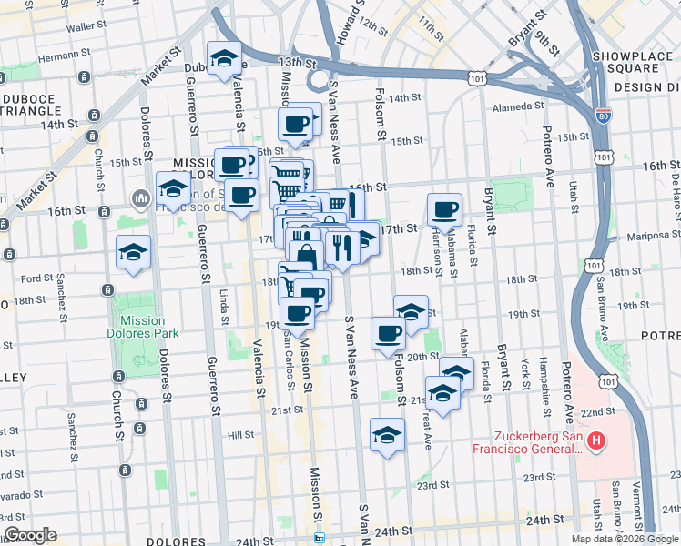 map of restaurants, bars, coffee shops, grocery stores, and more near 255 Capp Street in San Francisco