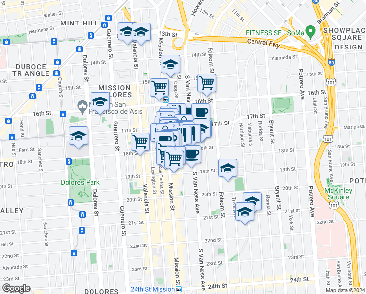 map of restaurants, bars, coffee shops, grocery stores, and more near 255 Capp Street in San Francisco