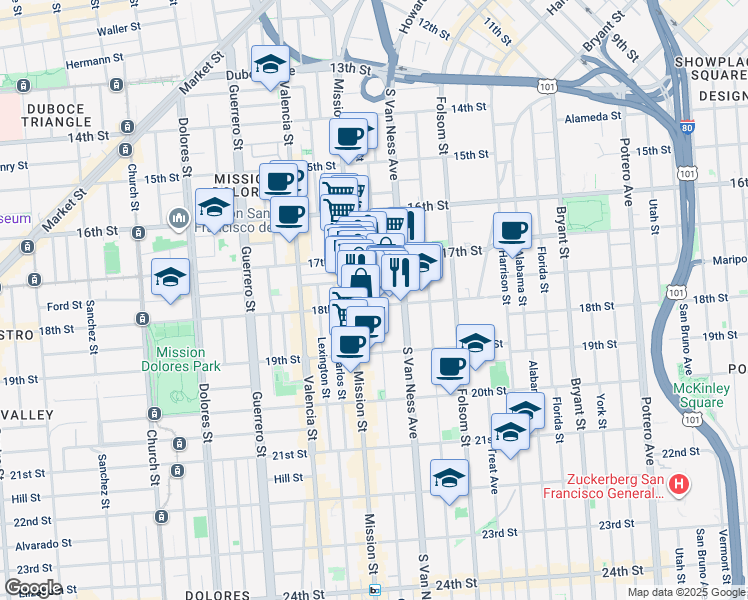 map of restaurants, bars, coffee shops, grocery stores, and more near 255 Capp Street in San Francisco