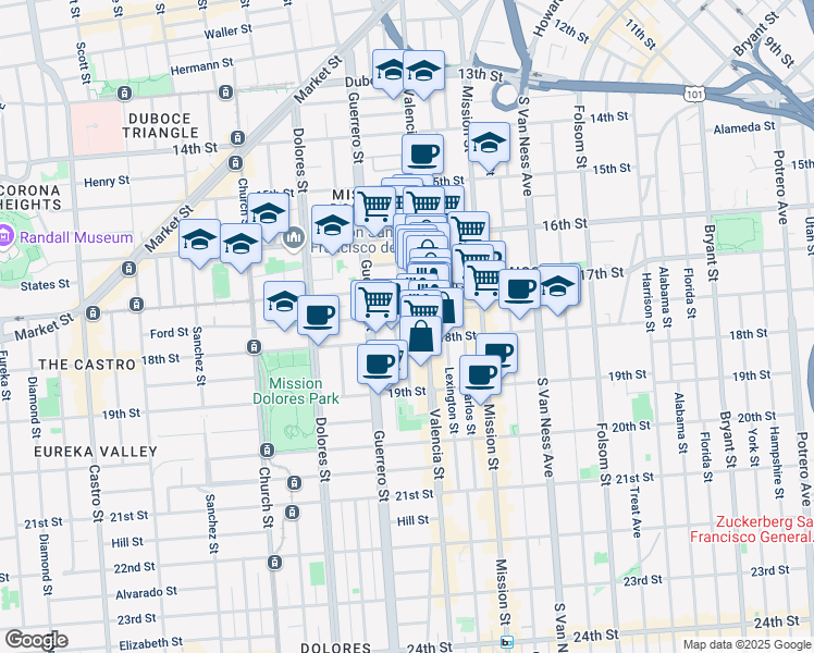 map of restaurants, bars, coffee shops, grocery stores, and more near 16 Bird Street in San Francisco