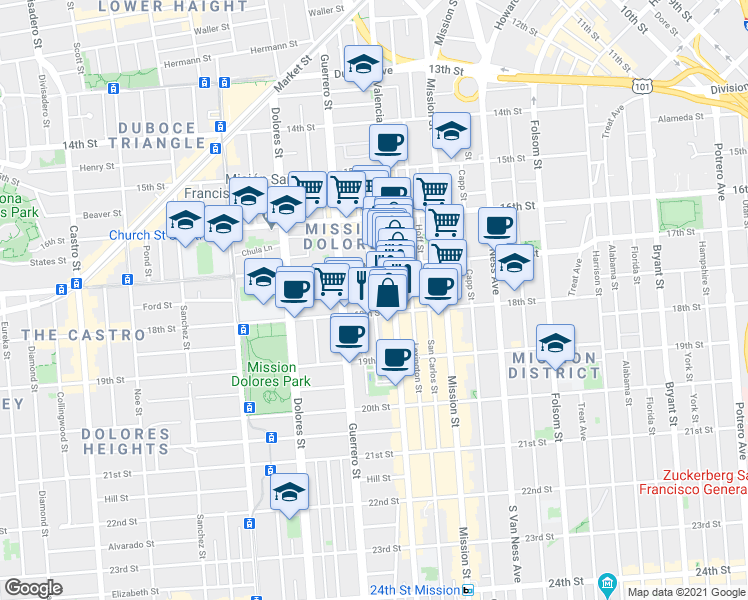 map of restaurants, bars, coffee shops, grocery stores, and more near 16 Bird Street in San Francisco