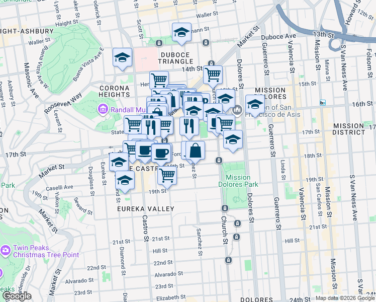map of restaurants, bars, coffee shops, grocery stores, and more near 3835a 17th Street in San Francisco