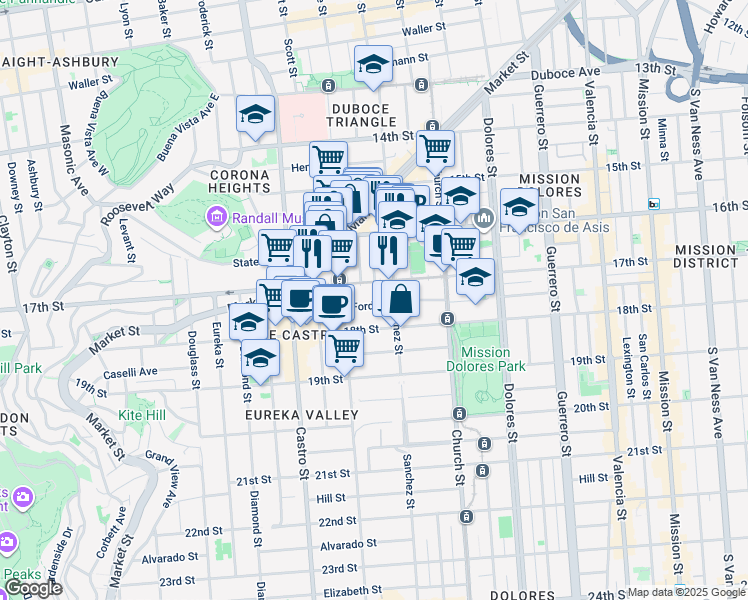 map of restaurants, bars, coffee shops, grocery stores, and more near 3835a 17th Street in San Francisco