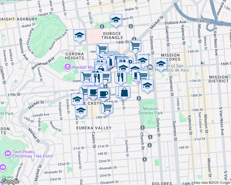 map of restaurants, bars, coffee shops, grocery stores, and more near 3835a 17th Street in San Francisco