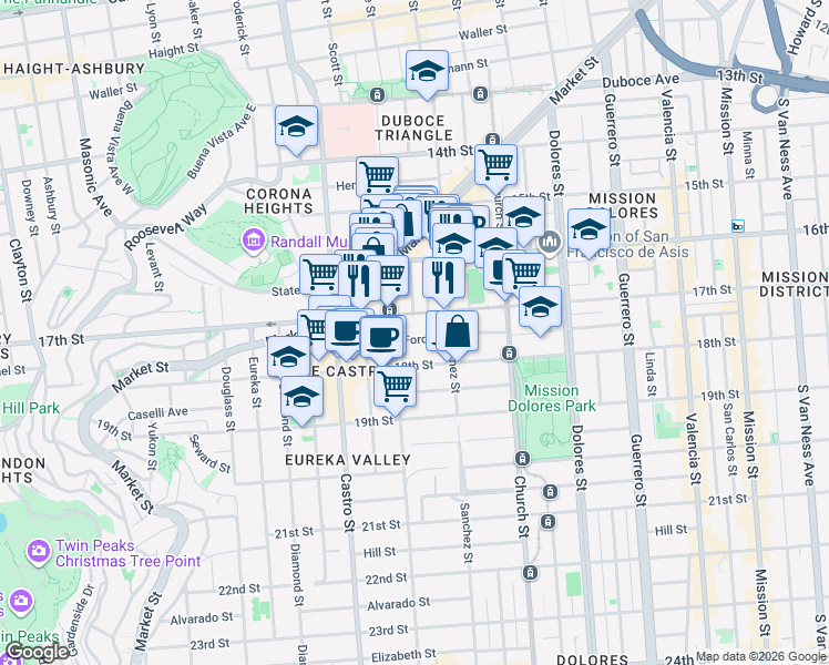 map of restaurants, bars, coffee shops, grocery stores, and more near 3835a 17th Street in San Francisco