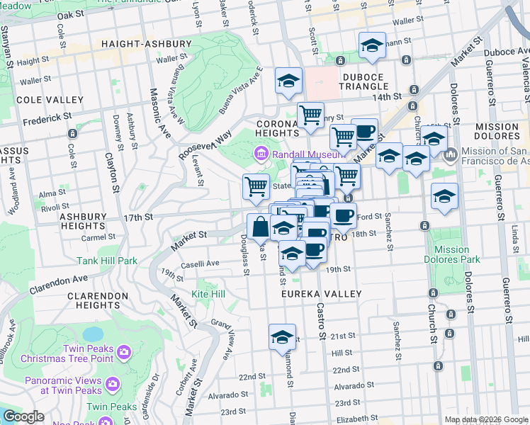 map of restaurants, bars, coffee shops, grocery stores, and more near 4106 17th Street in San Francisco