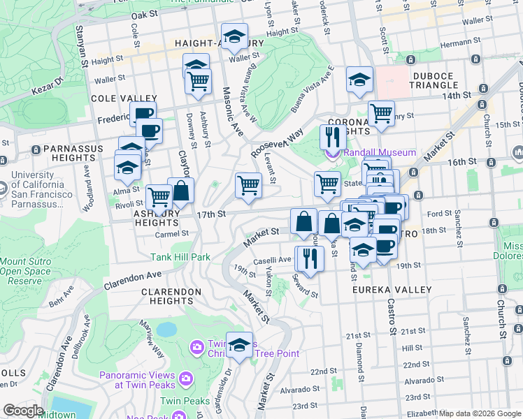 map of restaurants, bars, coffee shops, grocery stores, and more near 53 Saturn Street in San Francisco