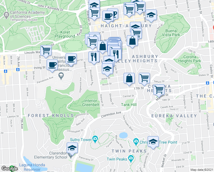 map of restaurants, bars, coffee shops, grocery stores, and more near 1332 Shrader Street in San Francisco
