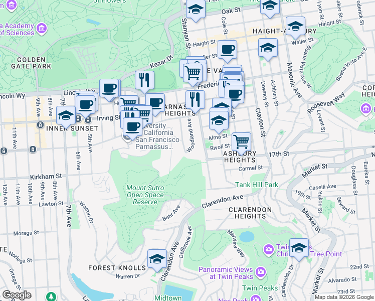 map of restaurants, bars, coffee shops, grocery stores, and more near 1515 Willard Street in San Francisco