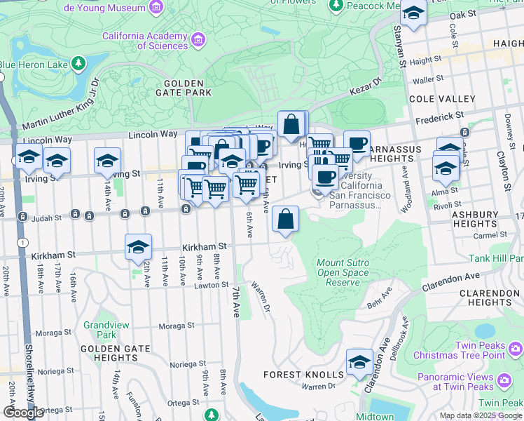 map of restaurants, bars, coffee shops, grocery stores, and more near 740 Parnassus Avenue in San Francisco