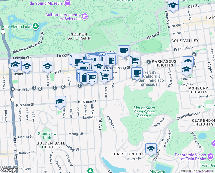 map of restaurants, bars, coffee shops, grocery stores, and more near 1388 6th Avenue in San Francisco