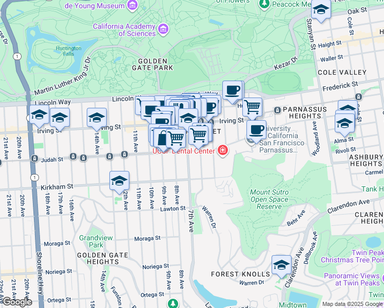map of restaurants, bars, coffee shops, grocery stores, and more near 1388 6th Avenue in San Francisco
