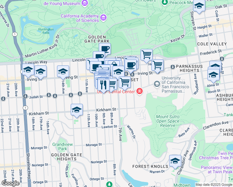 map of restaurants, bars, coffee shops, grocery stores, and more near 1353 7th Avenue in San Francisco