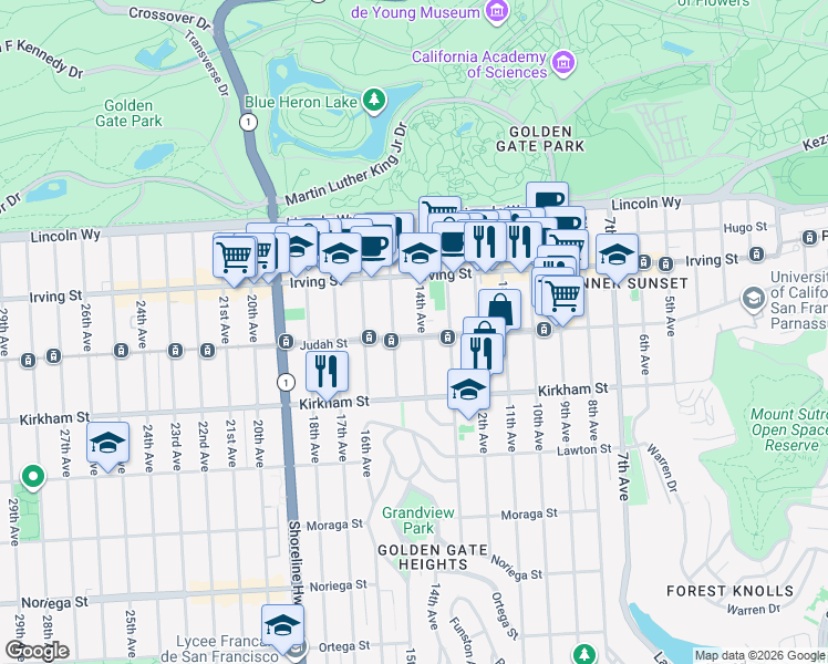 map of restaurants, bars, coffee shops, grocery stores, and more near 1369 14th Avenue in San Francisco