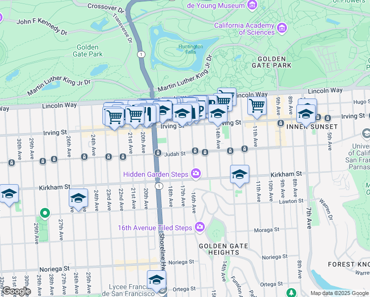 map of restaurants, bars, coffee shops, grocery stores, and more near 1363 17th Avenue in San Francisco
