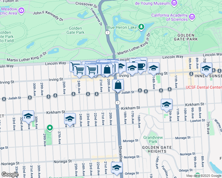 map of restaurants, bars, coffee shops, grocery stores, and more near 1354 20th Avenue in San Francisco