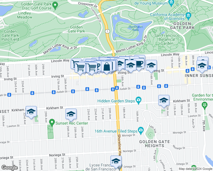 map of restaurants, bars, coffee shops, grocery stores, and more near 1354 20th Avenue in San Francisco